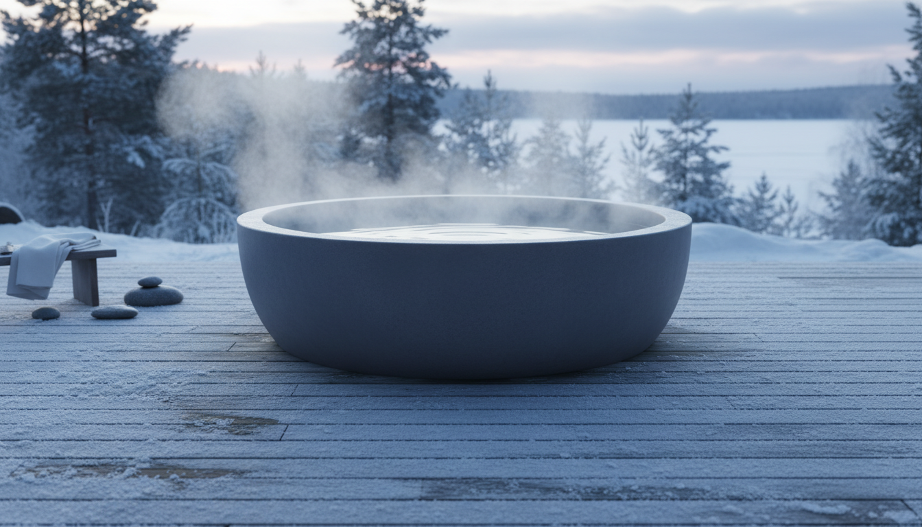 Cold plunge tub steaming at dawn